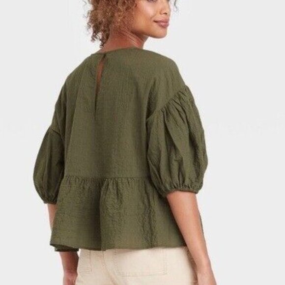 A New Day Top Cotton Olive Tiered 3/4 Puff Sleeve Blouse Size XS - Picture 2 of 8